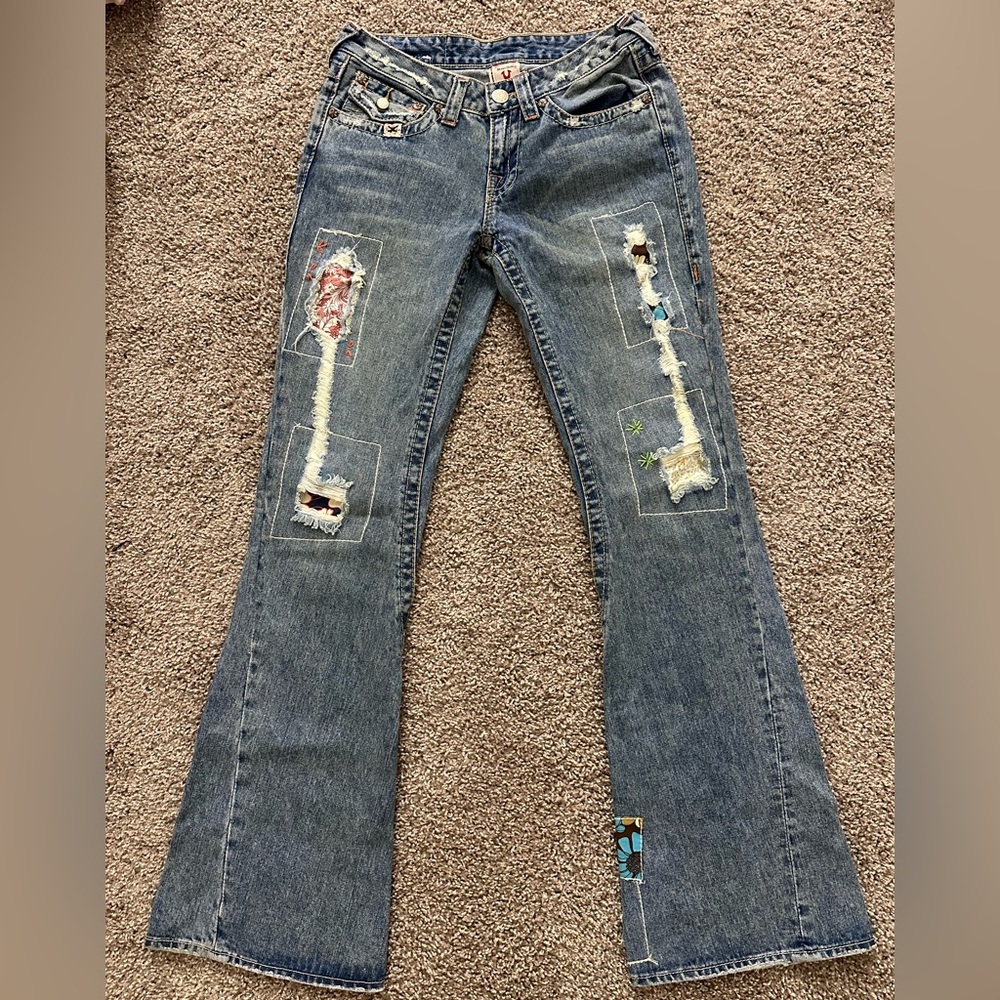 True Religion Blue Patchwork Flare Jeans